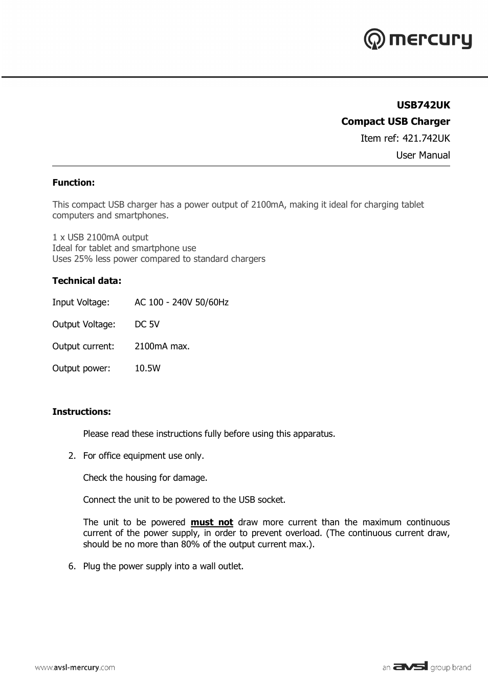 AVSL 421.742 USB742UK User Manual | 2 pages