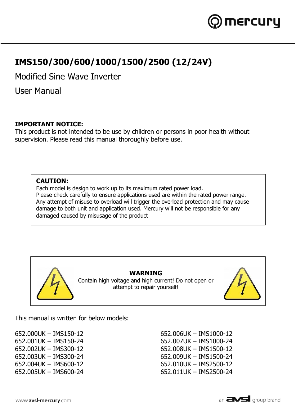 AVSL 652.000 IMS150/300/600/1000/1500/2500 User Manual | 11 pages