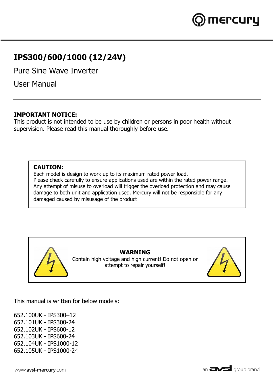 AVSL 652.100 IPS300/600/1000 User Manual | 10 pages