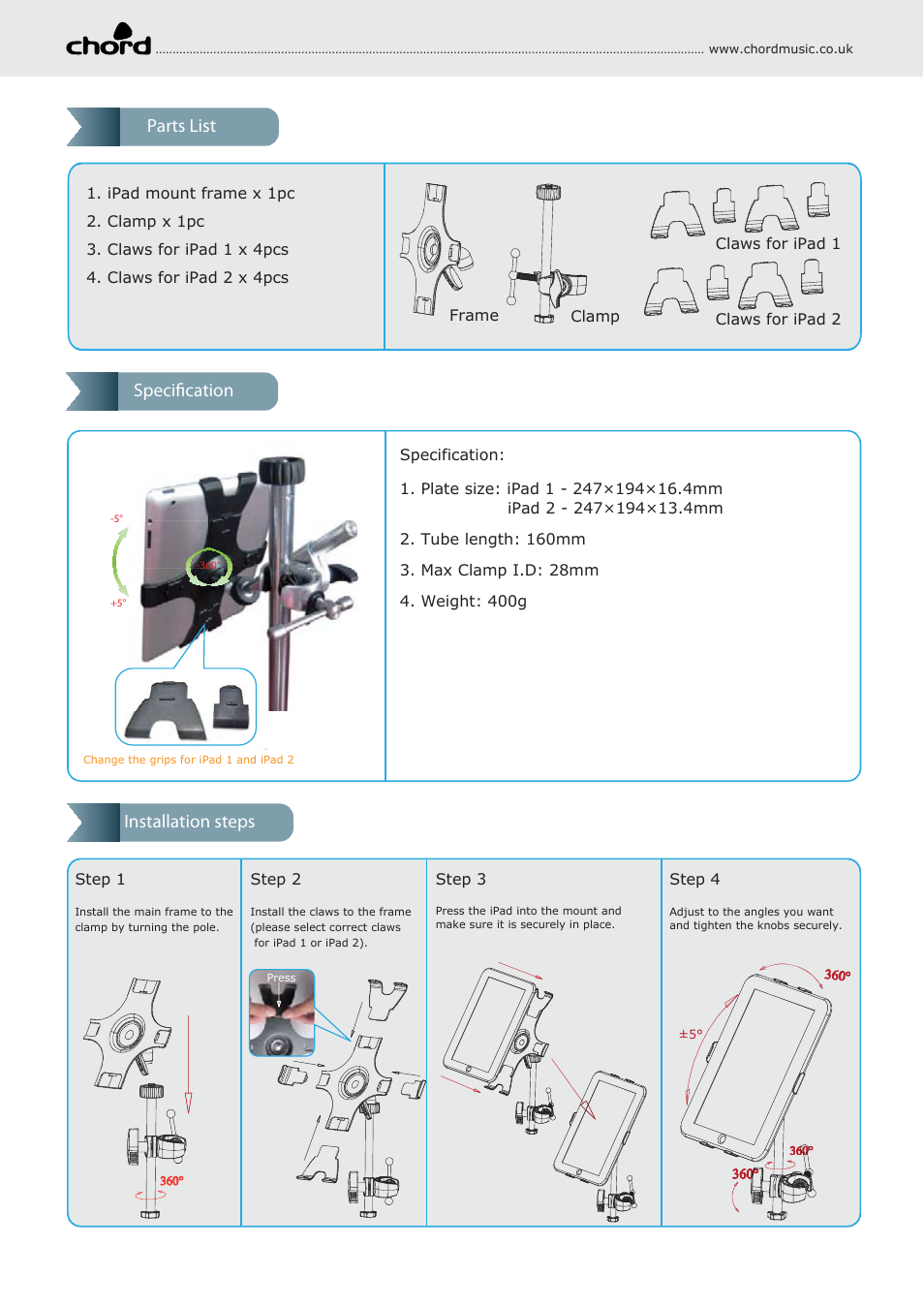 Parts list, Installation steps, Specification | AVSL 180.179 IPM90 User Manual | Page 2 / 3