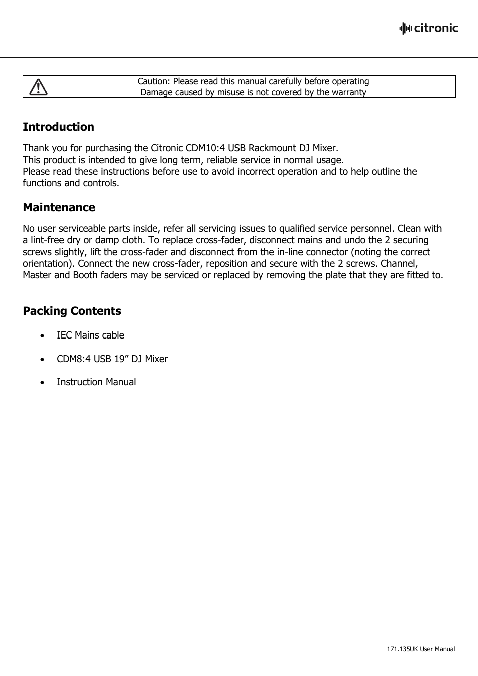 Introduction, Maintenance, Packing contents | AVSL Citronic CDM10:4 User Manual | Page 2 / 7