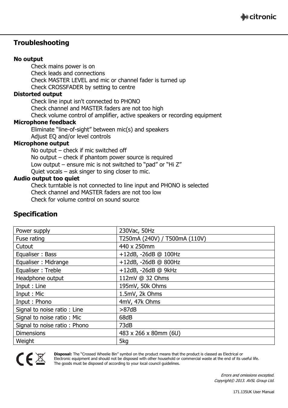 Troubleshooting, Specification | AVSL Citronic CDM10:4 User Manual | Page 7 / 7