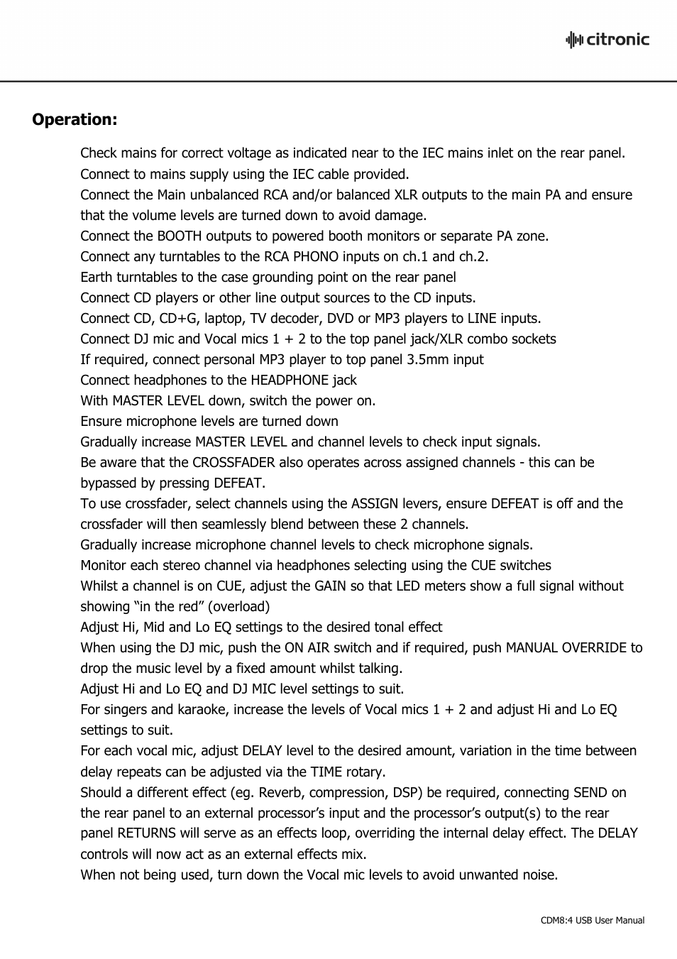 Operation | AVSL Citronic CDM8:4 USB User Manual | Page 8 / 10