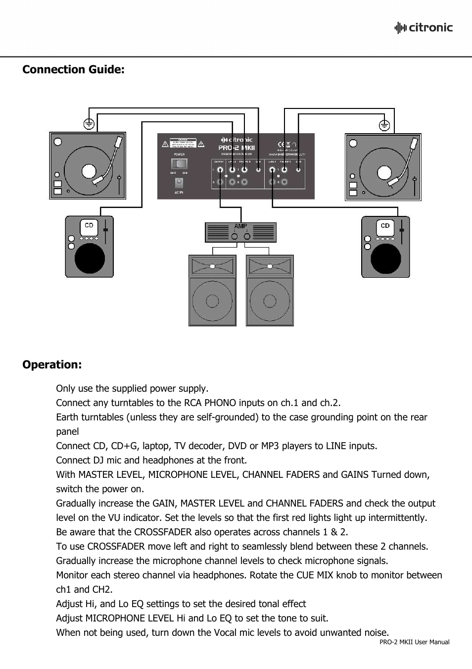 Connection guide, Operation | AVSL Citronic PRO-2 MKII User Manual | Page 5 / 7