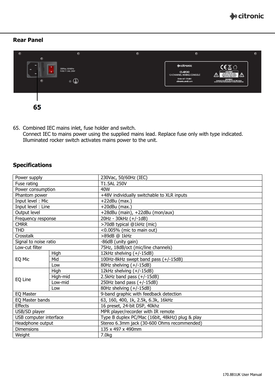 Rear panel, Specifications | AVSL 170.881 CL1200 User Manual | Page 13 / 16