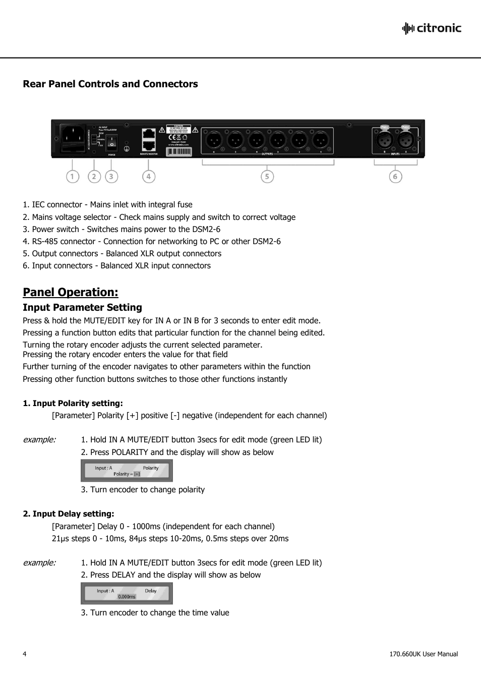 Panel operation, Rear panel controls and connectors, Input parameter setting | AVSL Citronic DSM2-6 User Manual | Page 4 / 16