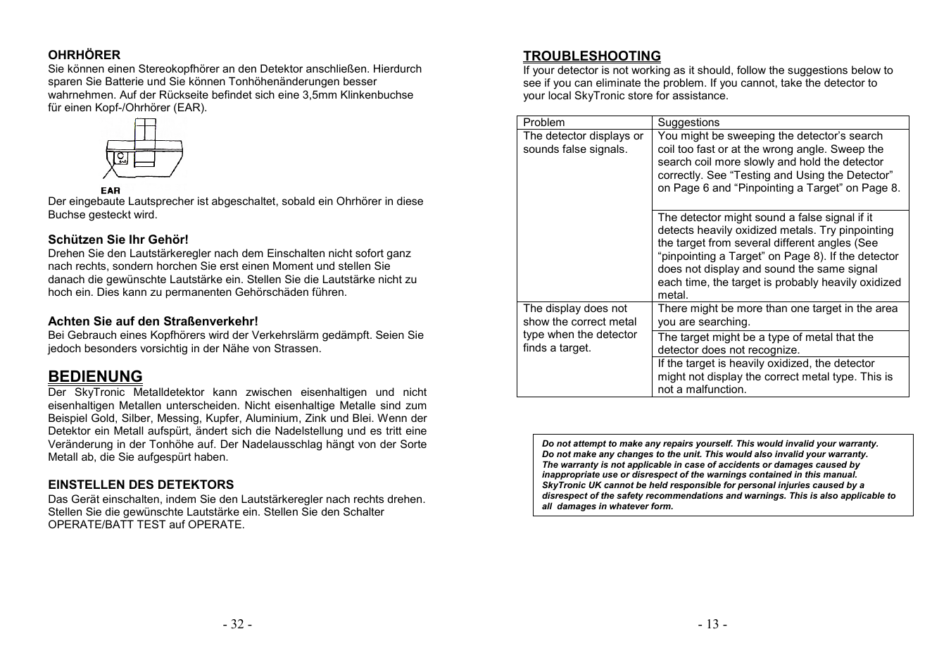 Bedienung | AVSL 499.920 STANDARD METAL DETECTOR User Manual | Page 13 / 22