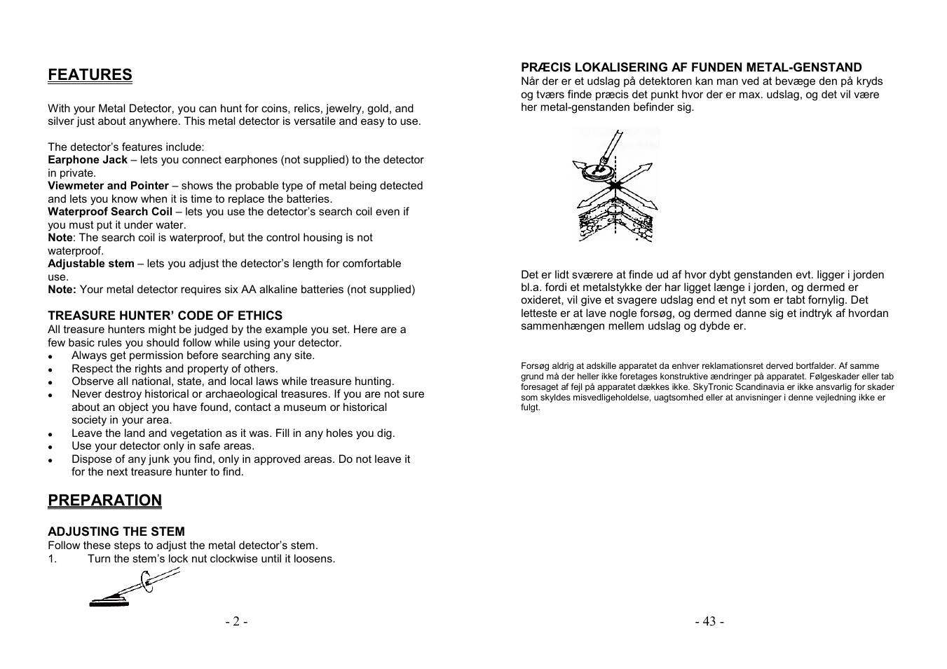Features, Preparation | AVSL 499.920 STANDARD METAL DETECTOR User Manual | Page 2 / 22