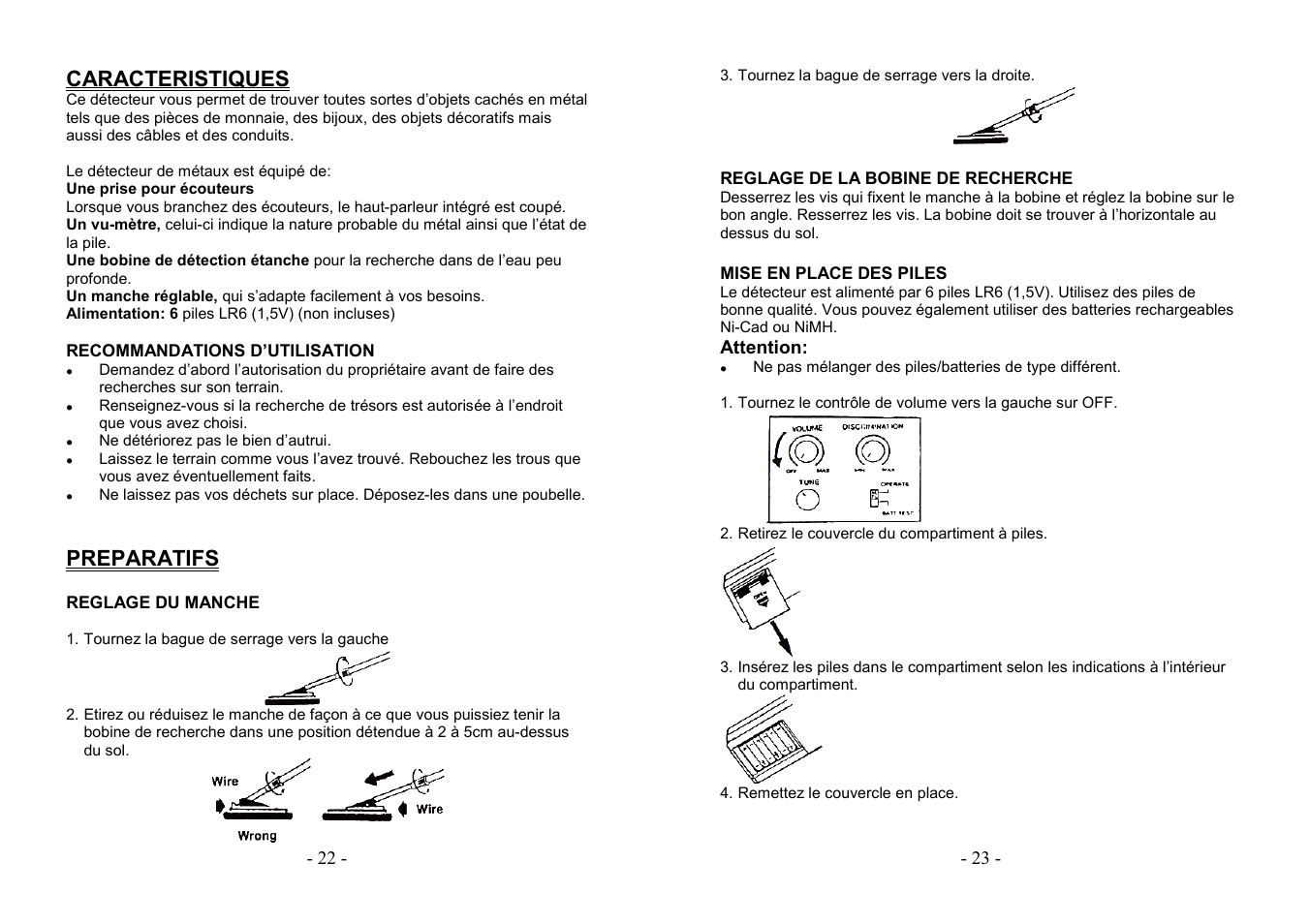 Caracteristiques, Preparatifs | AVSL 499.920 STANDARD METAL DETECTOR User Manual | Page 22 / 22