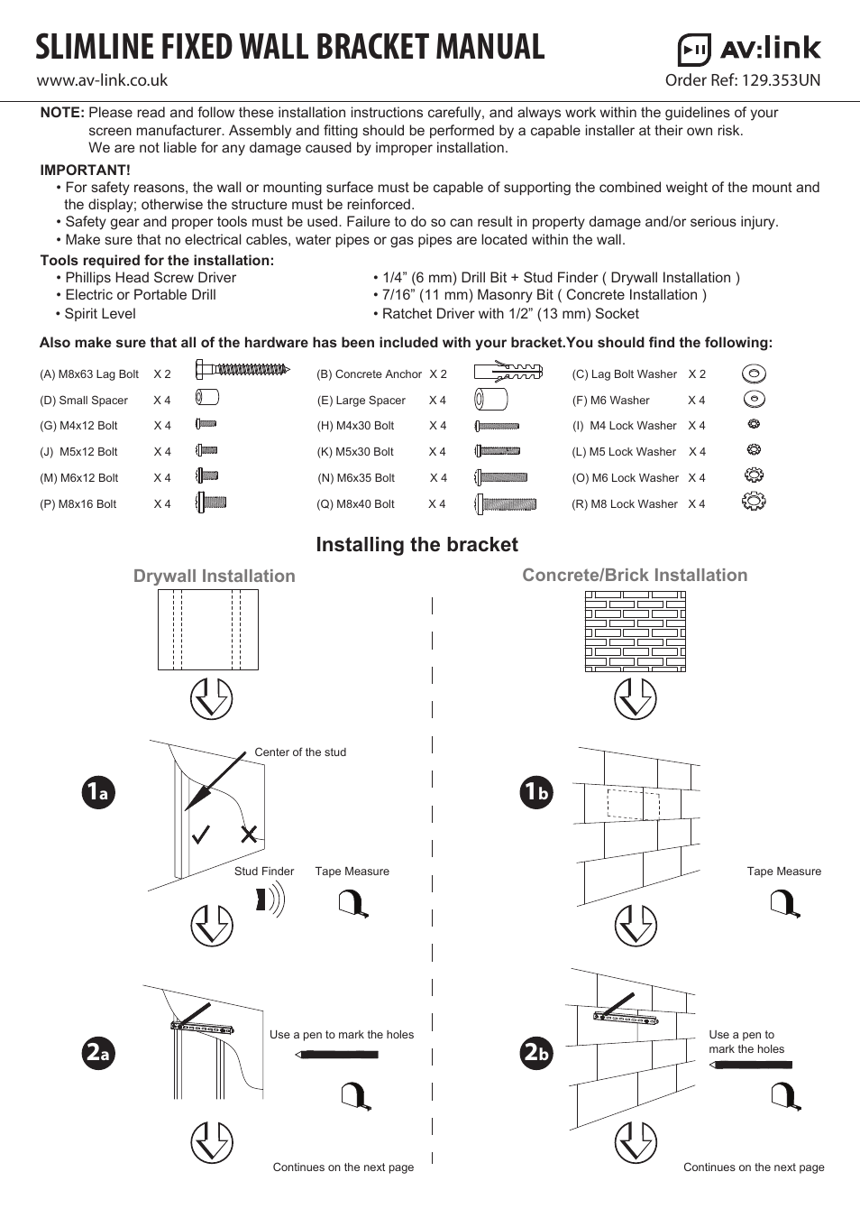 AVSL 129.353 SLIMLINE FIXED WALL BRACKETS User Manual | 2 pages