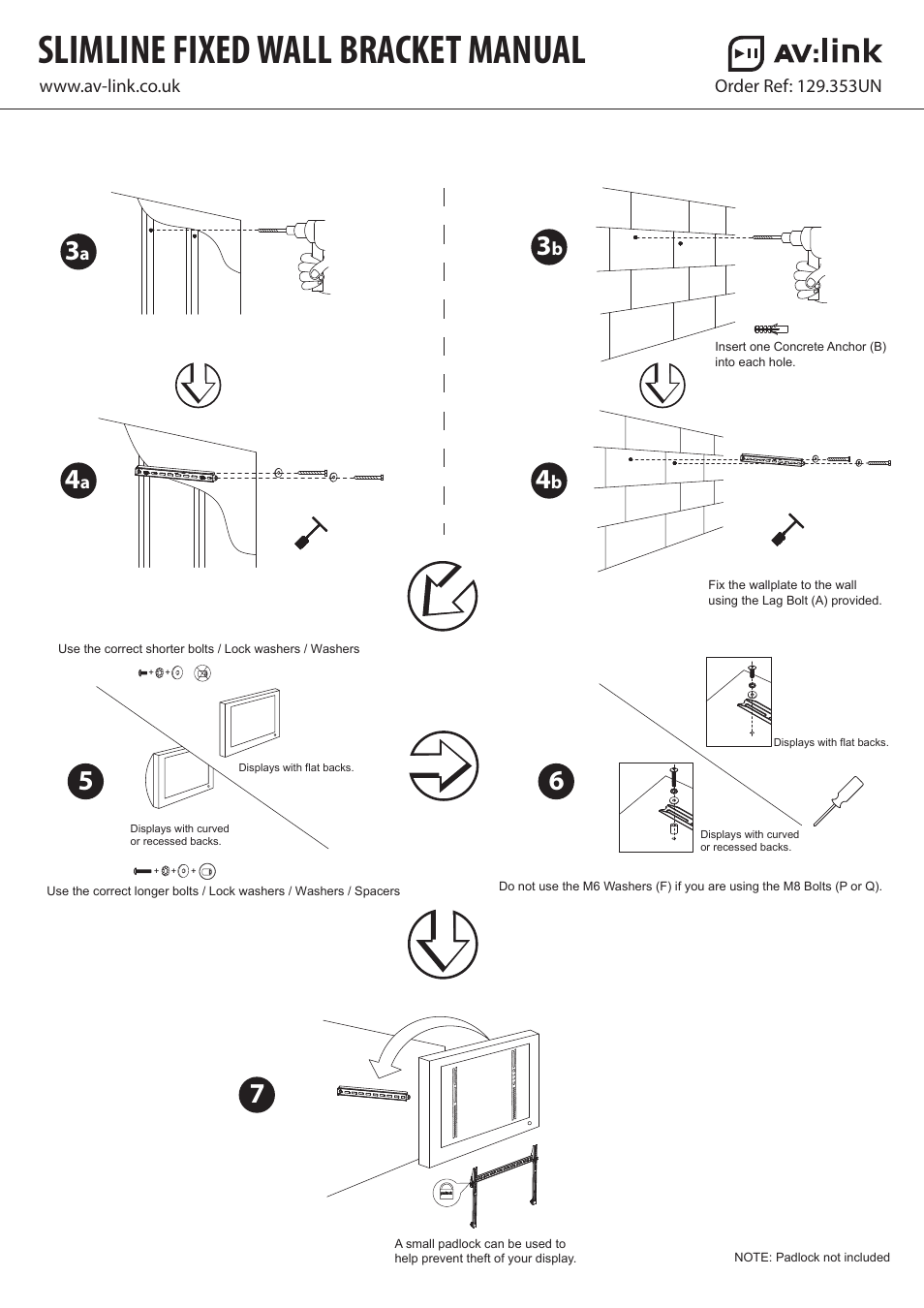 Slimline fixed wall bracket manual | AVSL 129.353 SLIMLINE FIXED WALL BRACKETS User Manual | Page 2 / 2