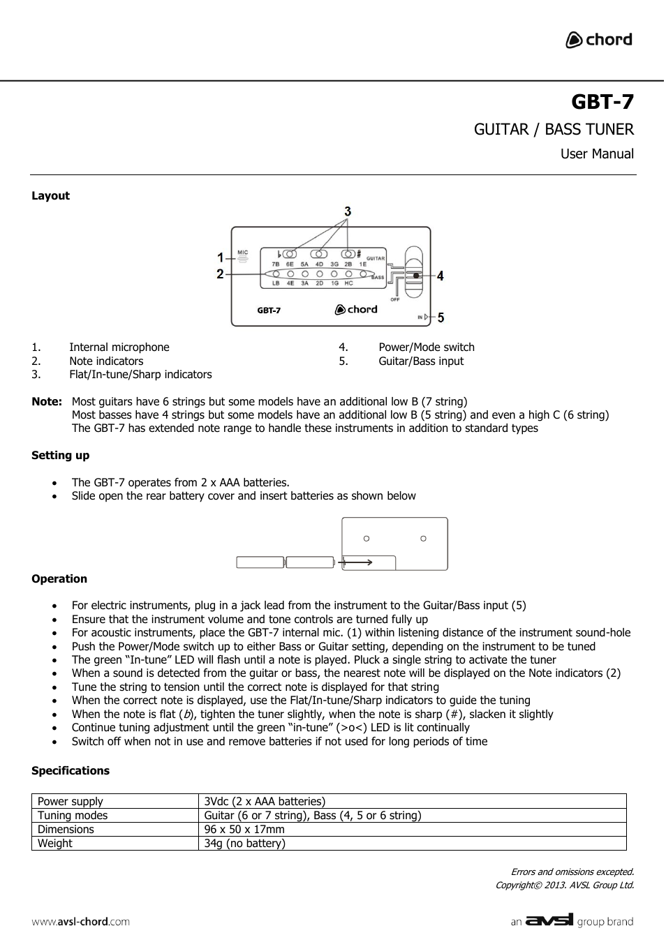 Gbt-7, Guitar / bass tuner, User manual | AVSL 175.250 CAB41PK User Manual | Page 2 / 2
