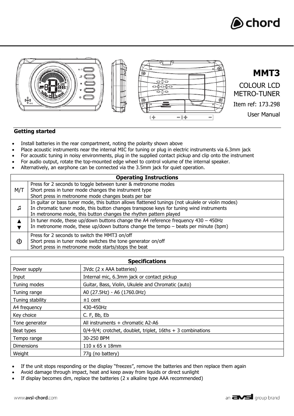 AVSL 173.298 MMT3 User Manual | 1 page