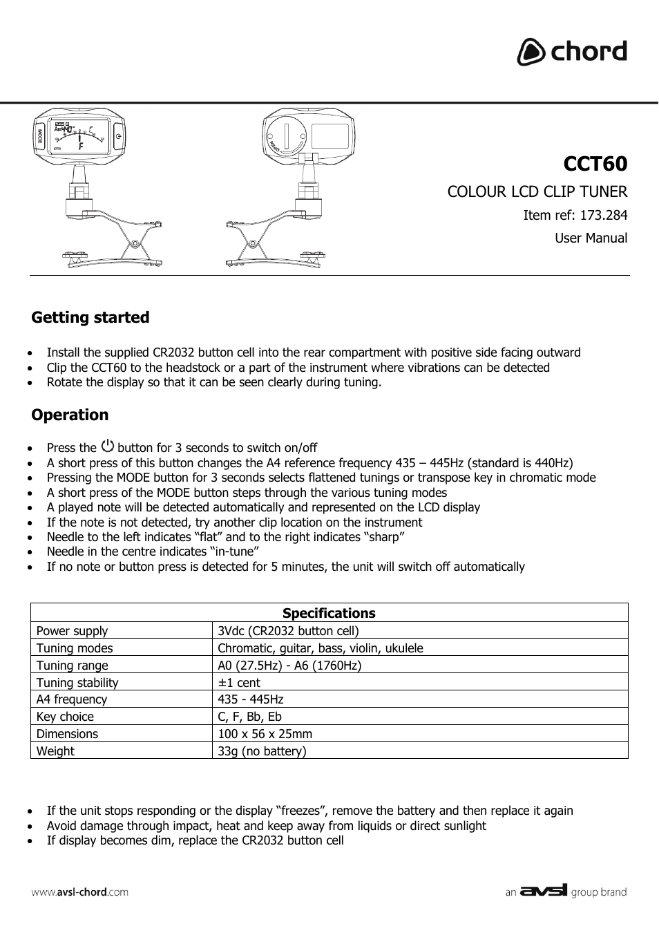AVSL 173.284 CCT60 User Manual | 2 pages