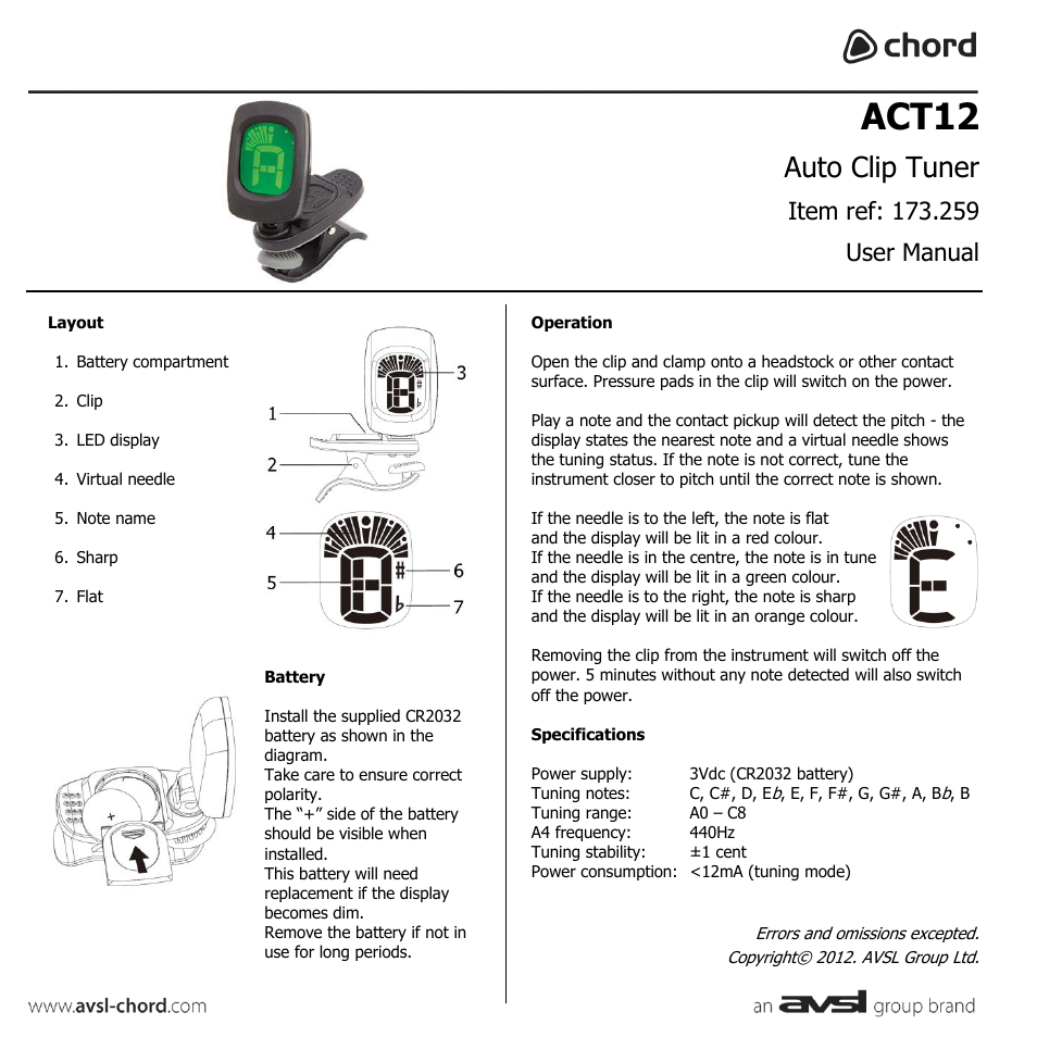 AVSL 173.259 ACT12 User Manual | 1 page