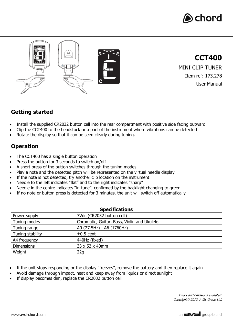 AVSL 173.278 CCT400 User Manual | 1 page
