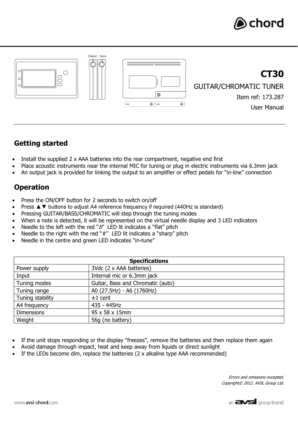 AVSL 173.287 CT30 User Manual | 1 page