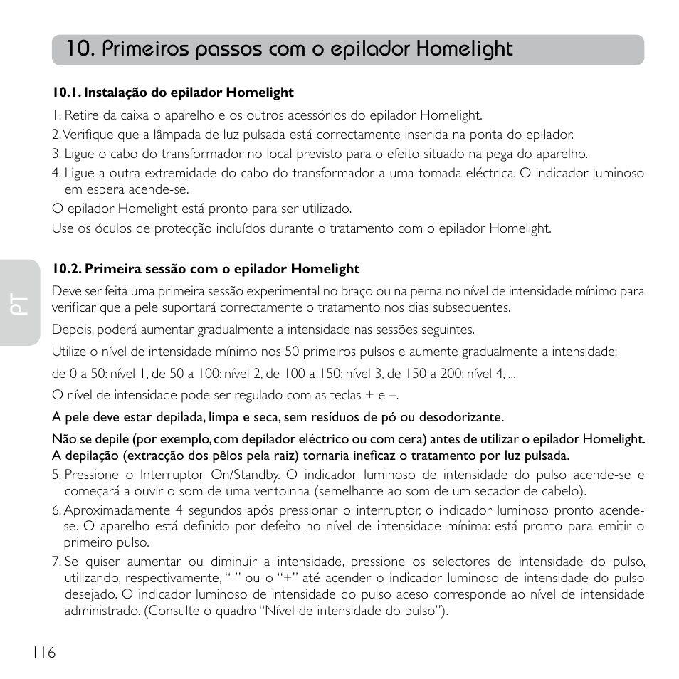 Primeiros passos com o epilador homelight | Babyliss G920E Homelight Face & Body User Manual | Page 114 / 224