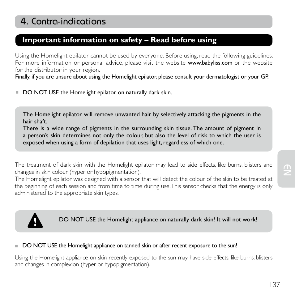 Contra-indications | Babyliss G920E Homelight Face & Body User Manual | Page 135 / 224