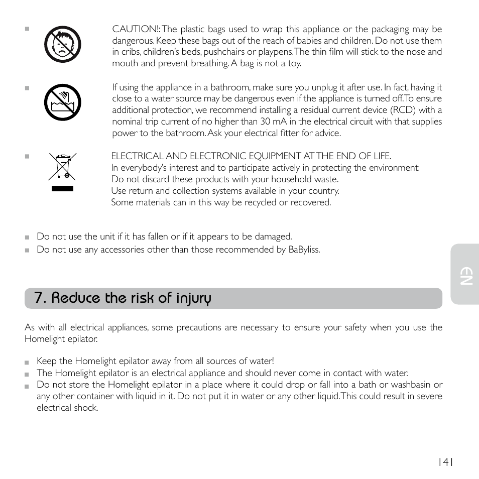 Reduce the risk of injury | Babyliss G920E Homelight Face & Body User Manual | Page 139 / 224