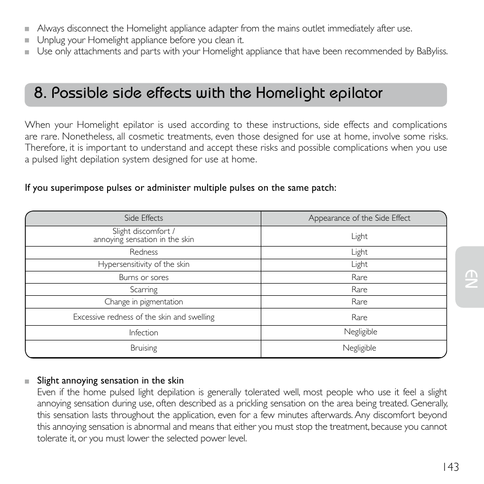 Possible side effects with the homelight epilator | Babyliss G920E Homelight Face & Body User Manual | Page 141 / 224