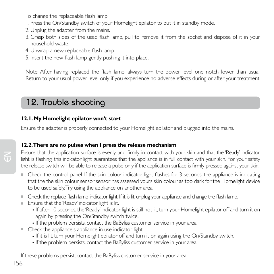 Trouble shooting | Babyliss G920E Homelight Face & Body User Manual | Page 154 / 224