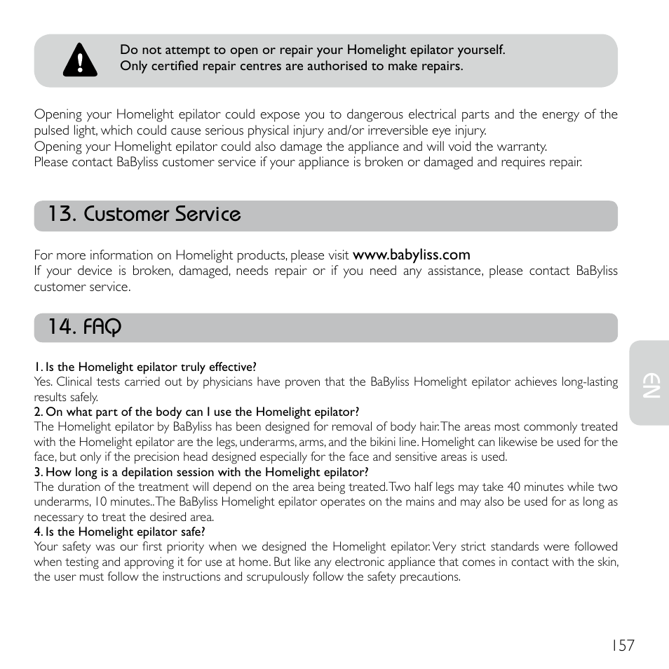 Customer service | Babyliss G920E Homelight Face & Body User Manual | Page 155 / 224