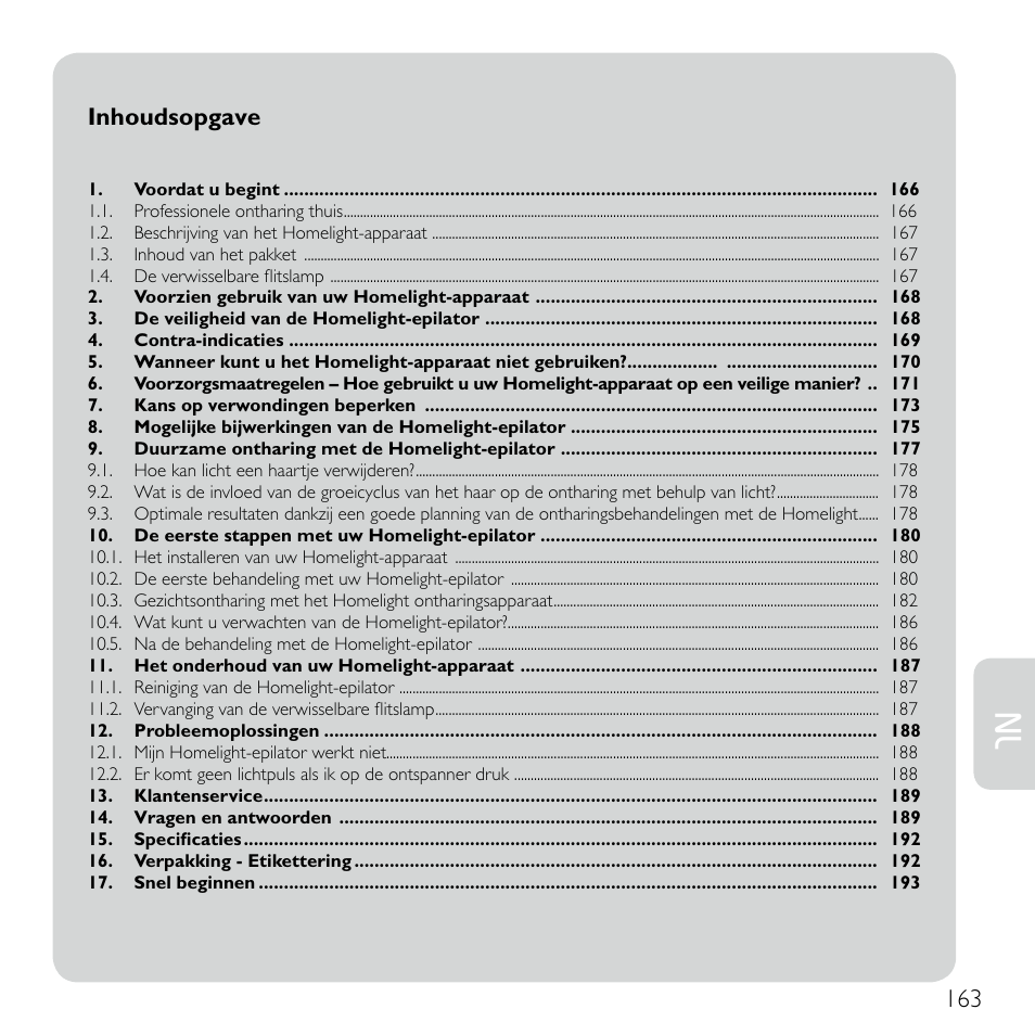 Inhoudsopgave | Babyliss G920E Homelight Face & Body User Manual | Page 161 / 224