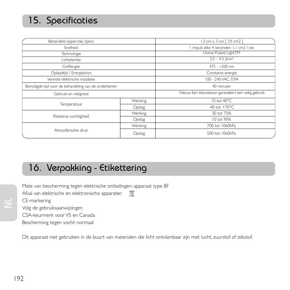 Specificaties, Verpakking - etikettering | Babyliss G920E Homelight Face & Body User Manual | Page 190 / 224