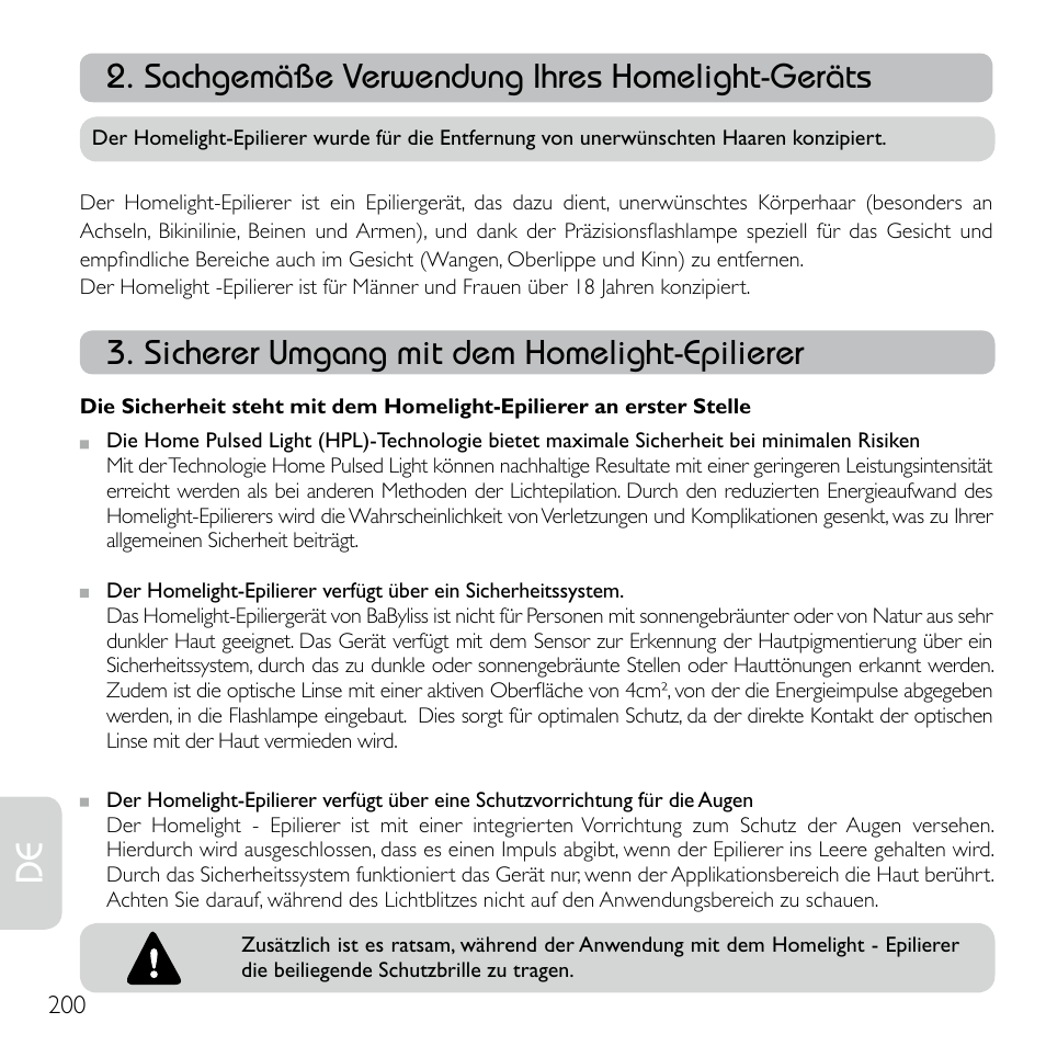 Sachgemäße verwendung ihres homelight-geräts, Sicherer umgang mit dem homelight-epilierer | Babyliss G920E Homelight Face & Body User Manual | Page 198 / 224