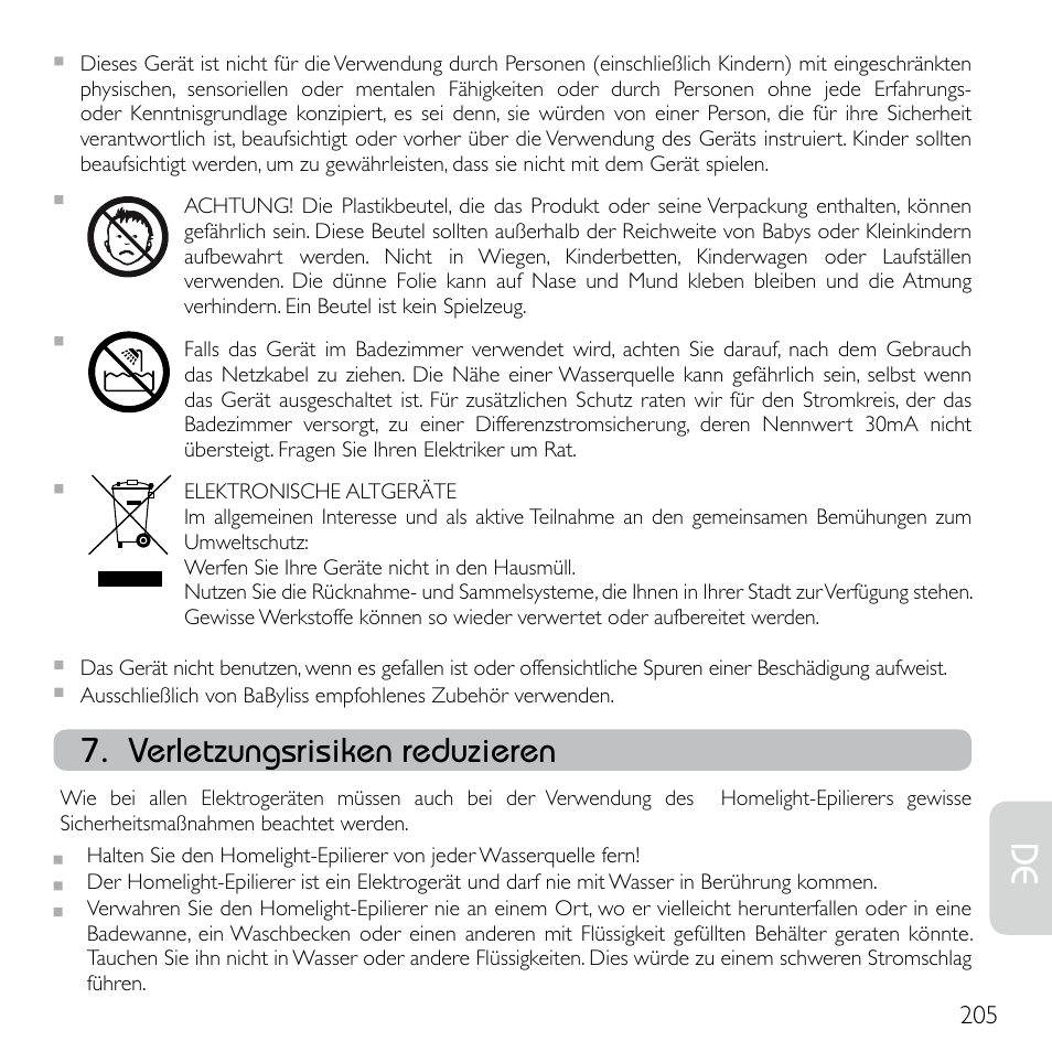 Verletzungsrisiken reduzieren | Babyliss G920E Homelight Face & Body User Manual | Page 203 / 224