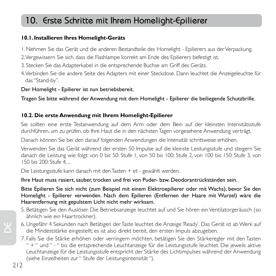 Erste schritte mit ihrem homelight-epilierer | Babyliss G920E Homelight Face & Body User Manual | Page 210 / 224