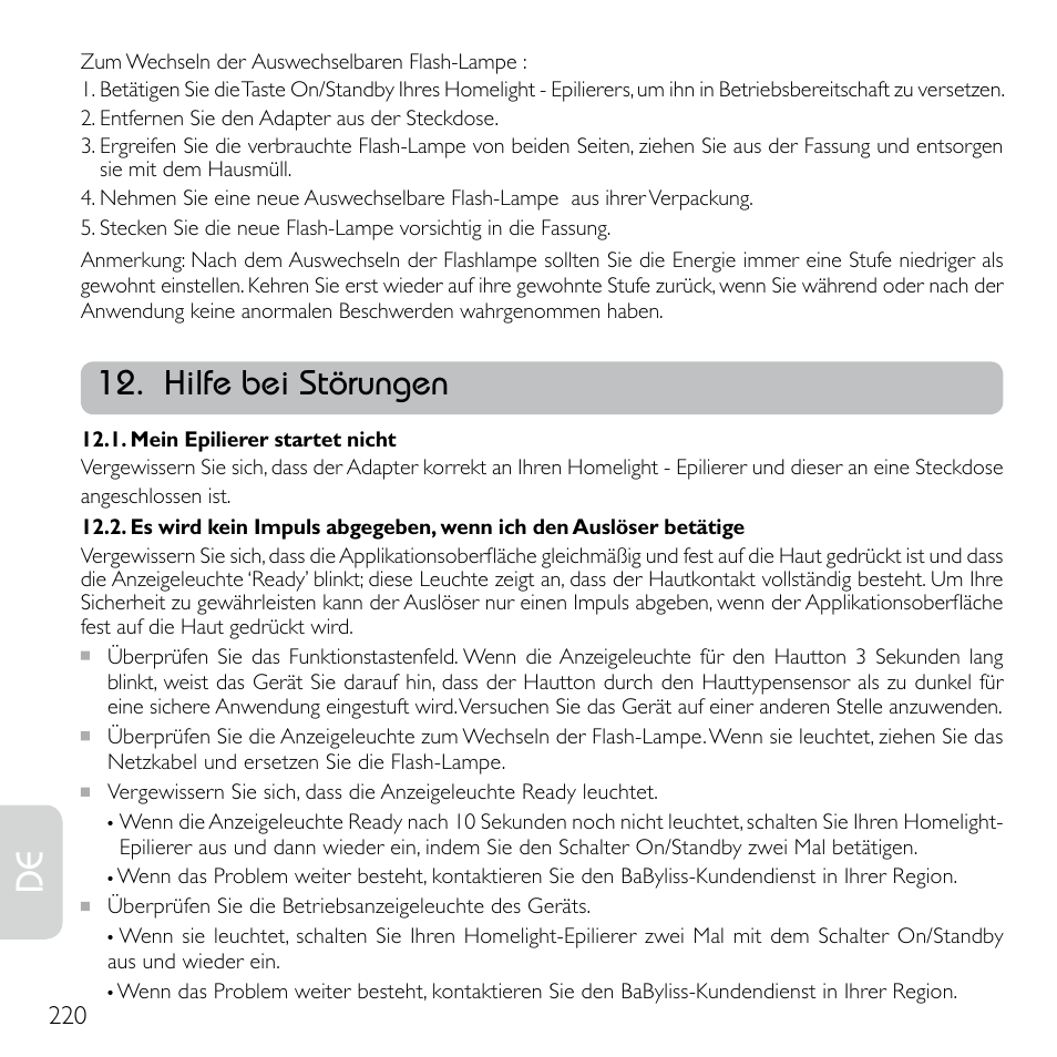 Hilfe bei störungen | Babyliss G920E Homelight Face & Body User Manual | Page 218 / 224