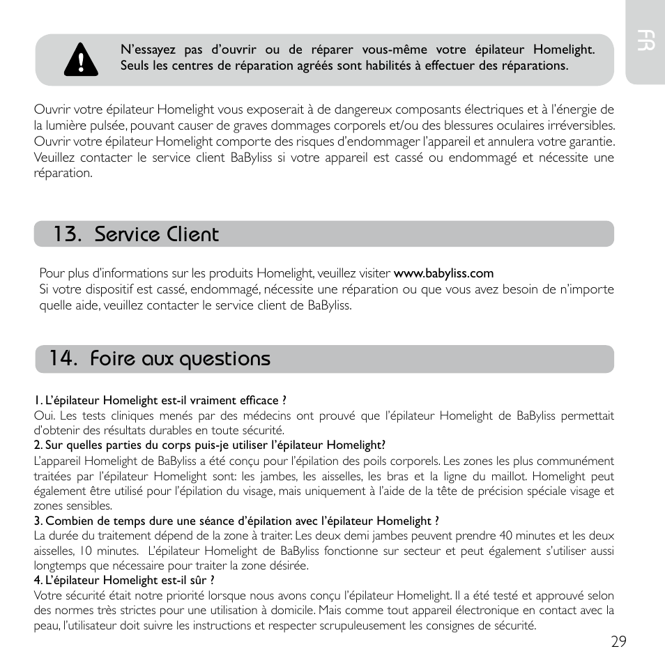 Service client, Foire aux questions | Babyliss G920E Homelight Face & Body User Manual | Page 27 / 224