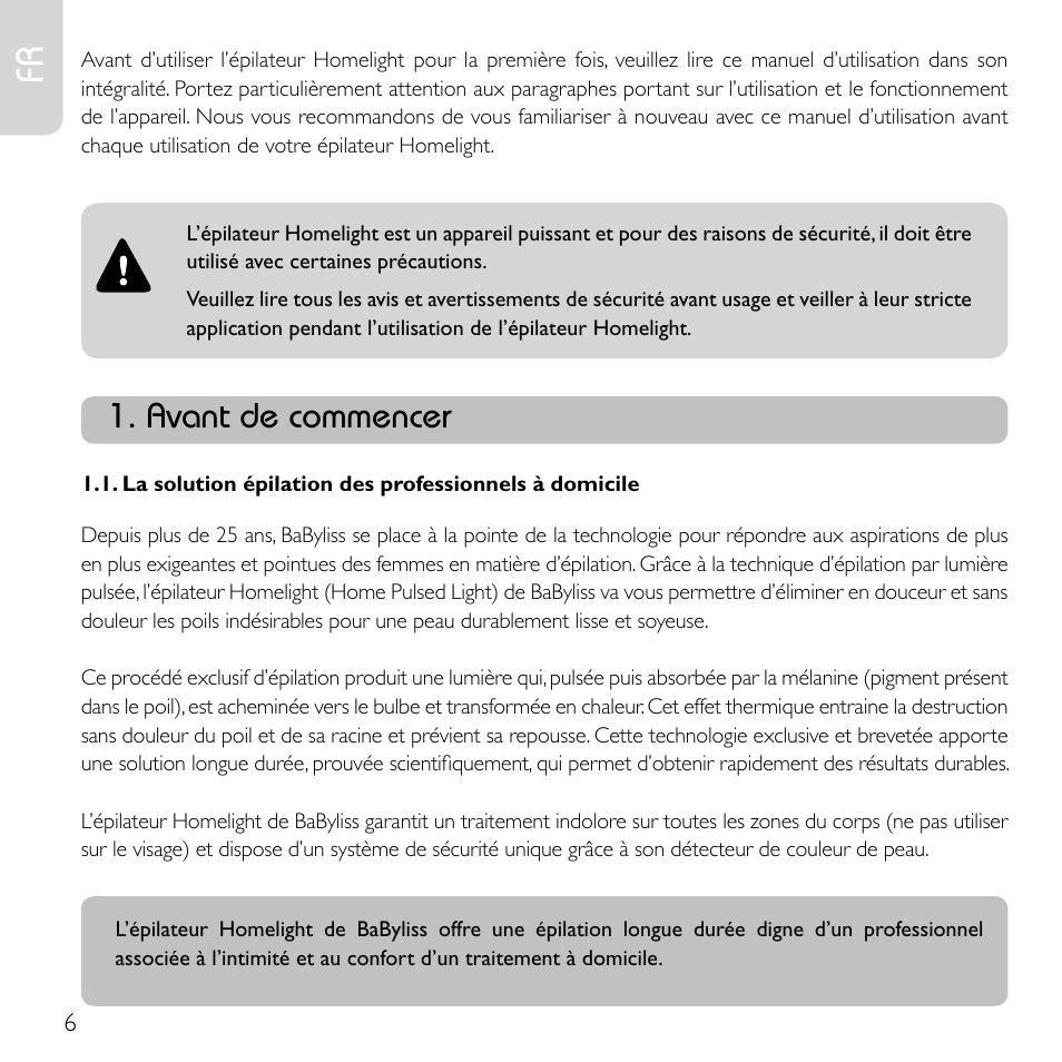 Avant de commencer | Babyliss G920E Homelight Face & Body User Manual | Page 4 / 224