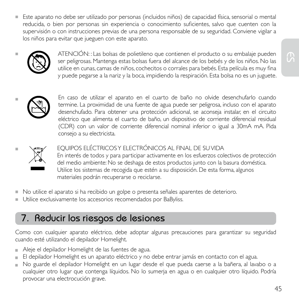 Reducir los riesgos de lesiones | Babyliss G920E Homelight Face & Body User Manual | Page 43 / 224