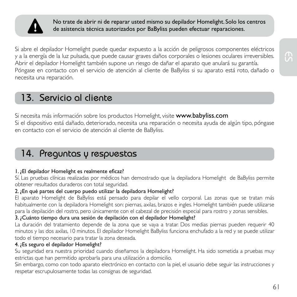 Servicio al cliente, Preguntas y respuestas | Babyliss G920E Homelight Face & Body User Manual | Page 59 / 224