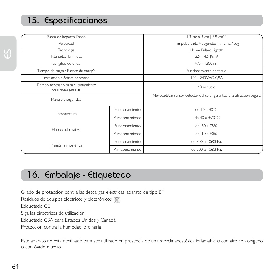 Especificaciones, Embalaje - etiquetado | Babyliss G920E Homelight Face & Body User Manual | Page 62 / 224