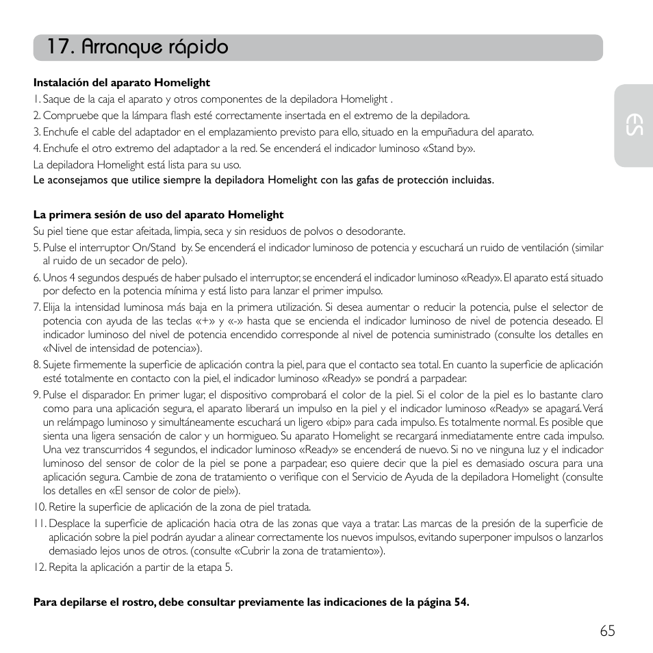 Arranque rápido | Babyliss G920E Homelight Face & Body User Manual | Page 63 / 224