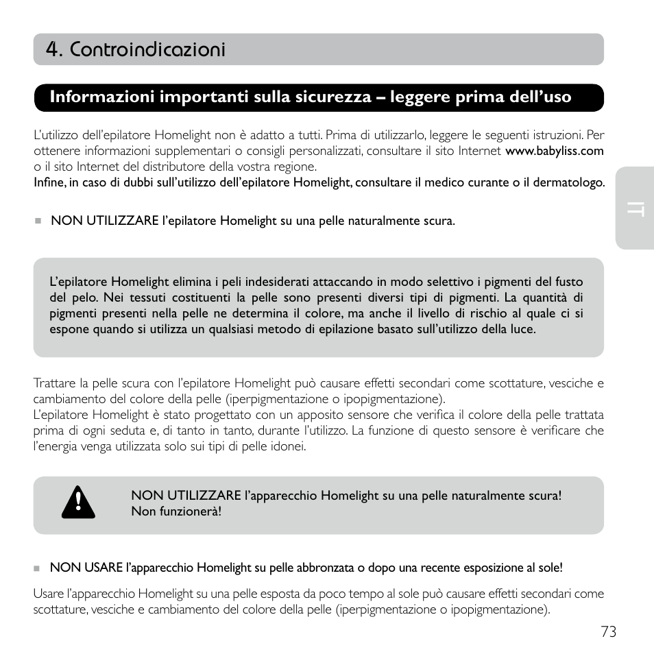 Controindicazioni | Babyliss G920E Homelight Face & Body User Manual | Page 71 / 224