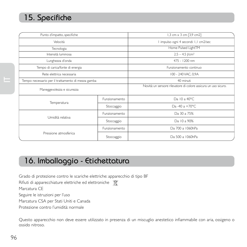 Specifiche, Imballaggio - etichettatura | Babyliss G920E Homelight Face & Body User Manual | Page 94 / 224