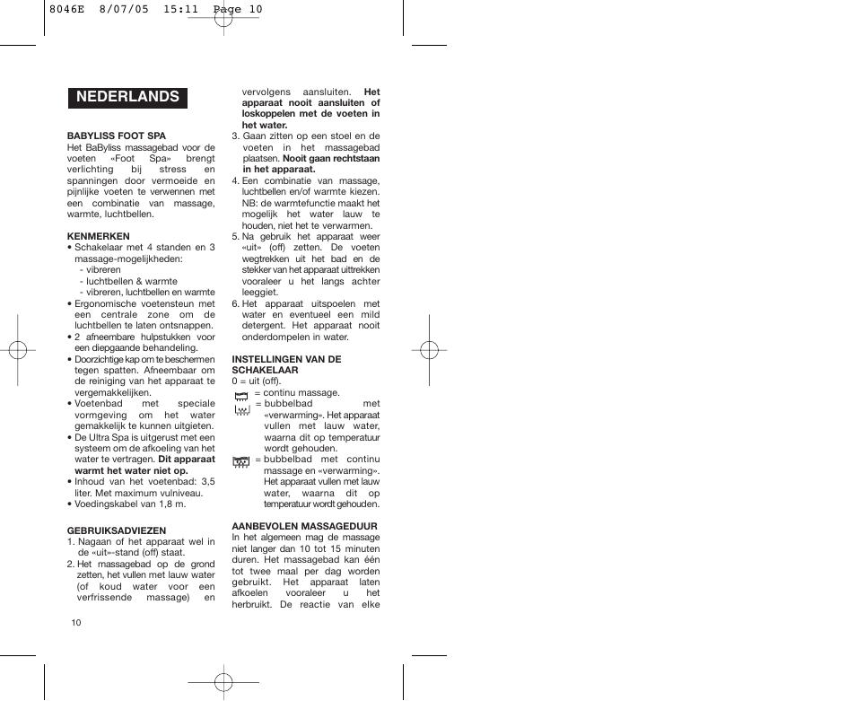 Nederlands | Babyliss 8046E Hydro Spa Plus User Manual | Page 10 / 40