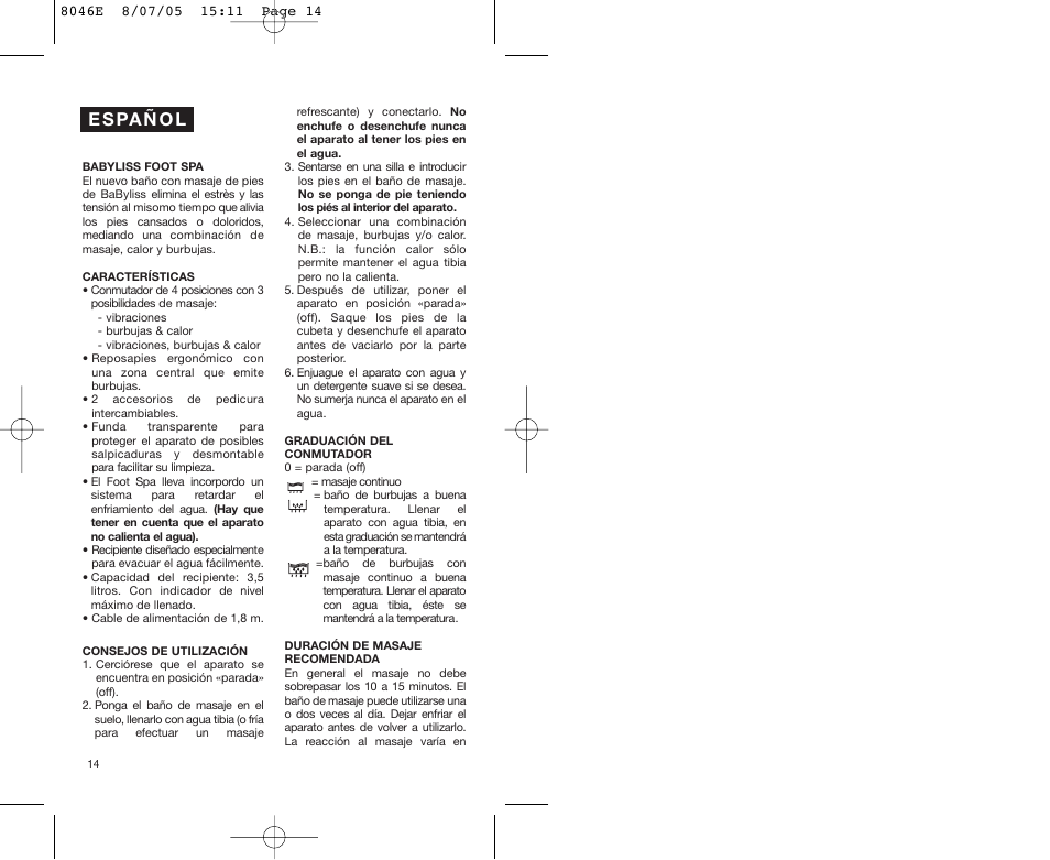 E s pa ñ o l | Babyliss 8046E Hydro Spa Plus User Manual | Page 14 / 40