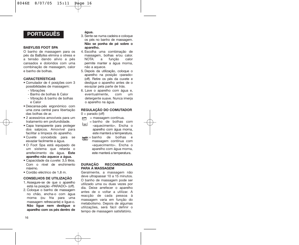 Português | Babyliss 8046E Hydro Spa Plus User Manual | Page 16 / 40