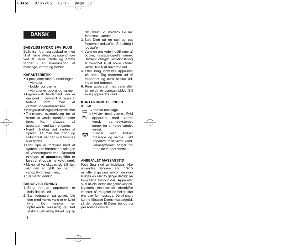 Dansk | Babyliss 8046E Hydro Spa Plus User Manual | Page 18 / 40