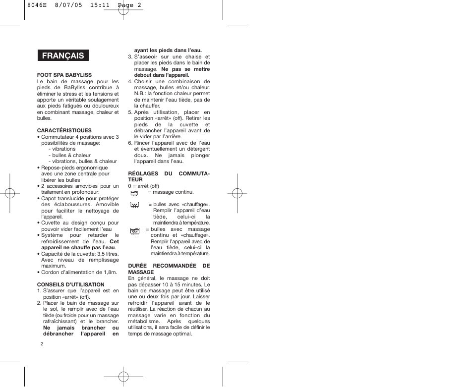 Français | Babyliss 8046E Hydro Spa Plus User Manual | Page 2 / 40