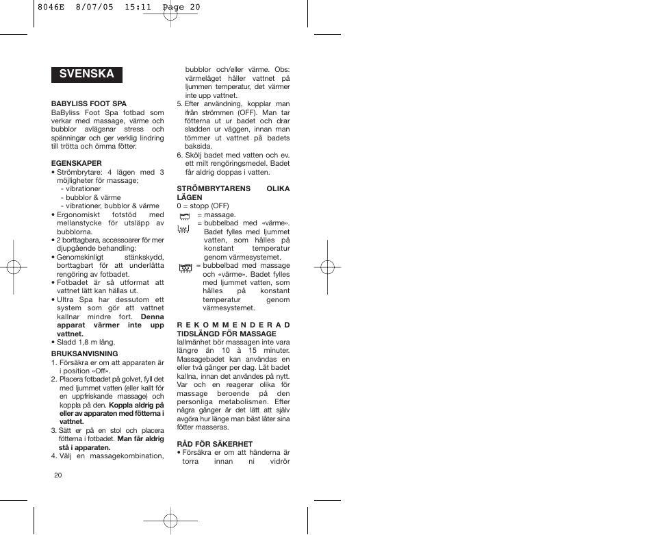 Svenska | Babyliss 8046E Hydro Spa Plus User Manual | Page 20 / 40