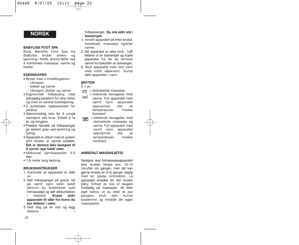 Norsk | Babyliss 8046E Hydro Spa Plus User Manual | Page 22 / 40