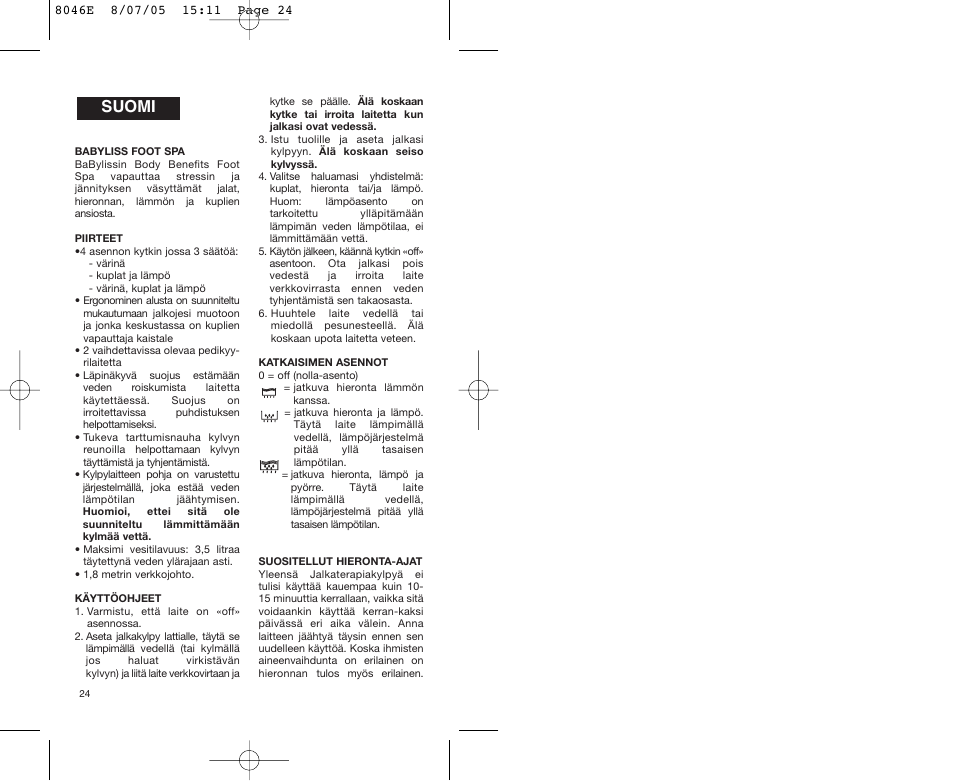 Suomi | Babyliss 8046E Hydro Spa Plus User Manual | Page 24 / 40