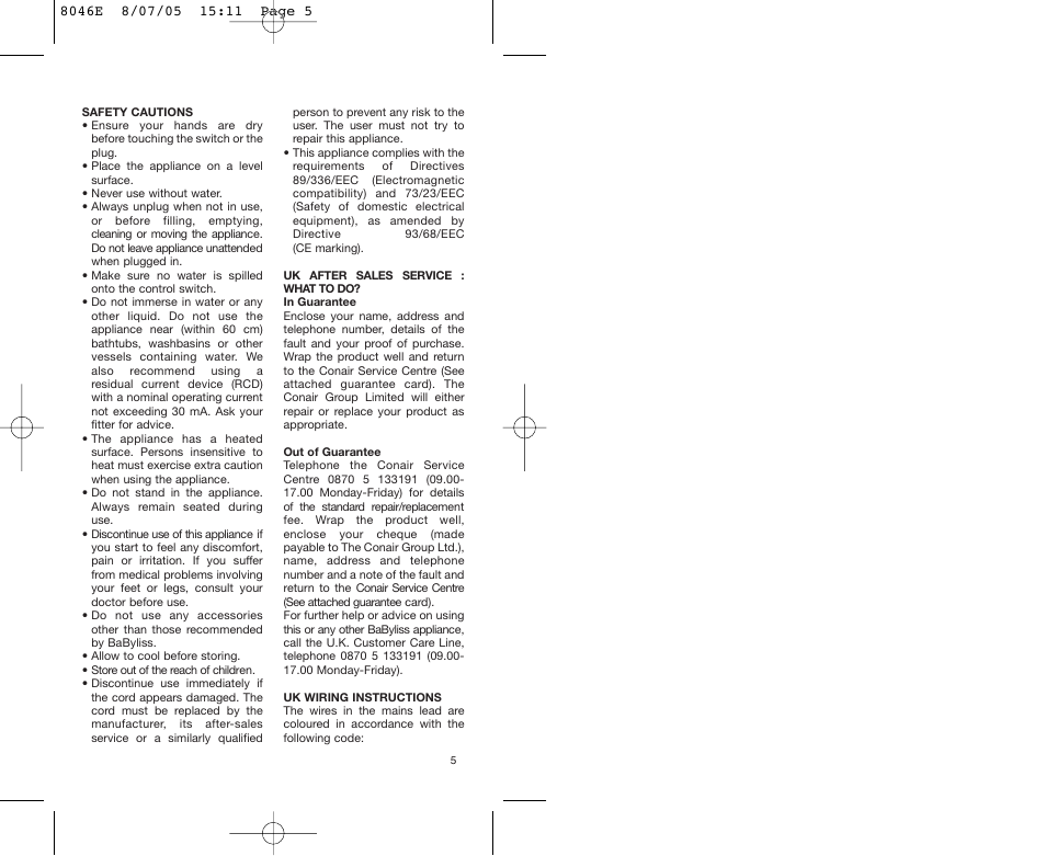 Babyliss 8046E Hydro Spa Plus User Manual | Page 5 / 40